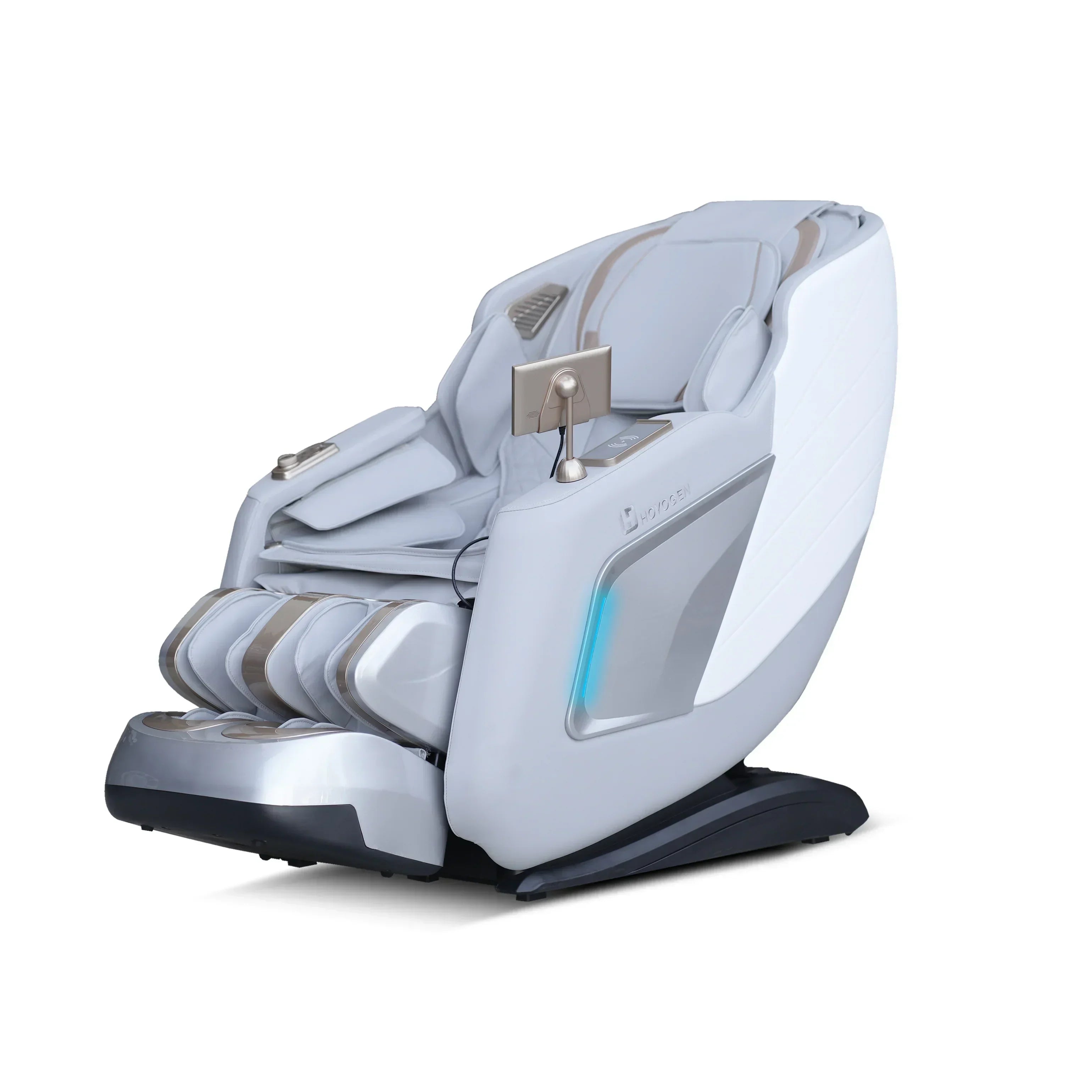 Modern grey full body massage chair with built-in control panel and footrest on white background.