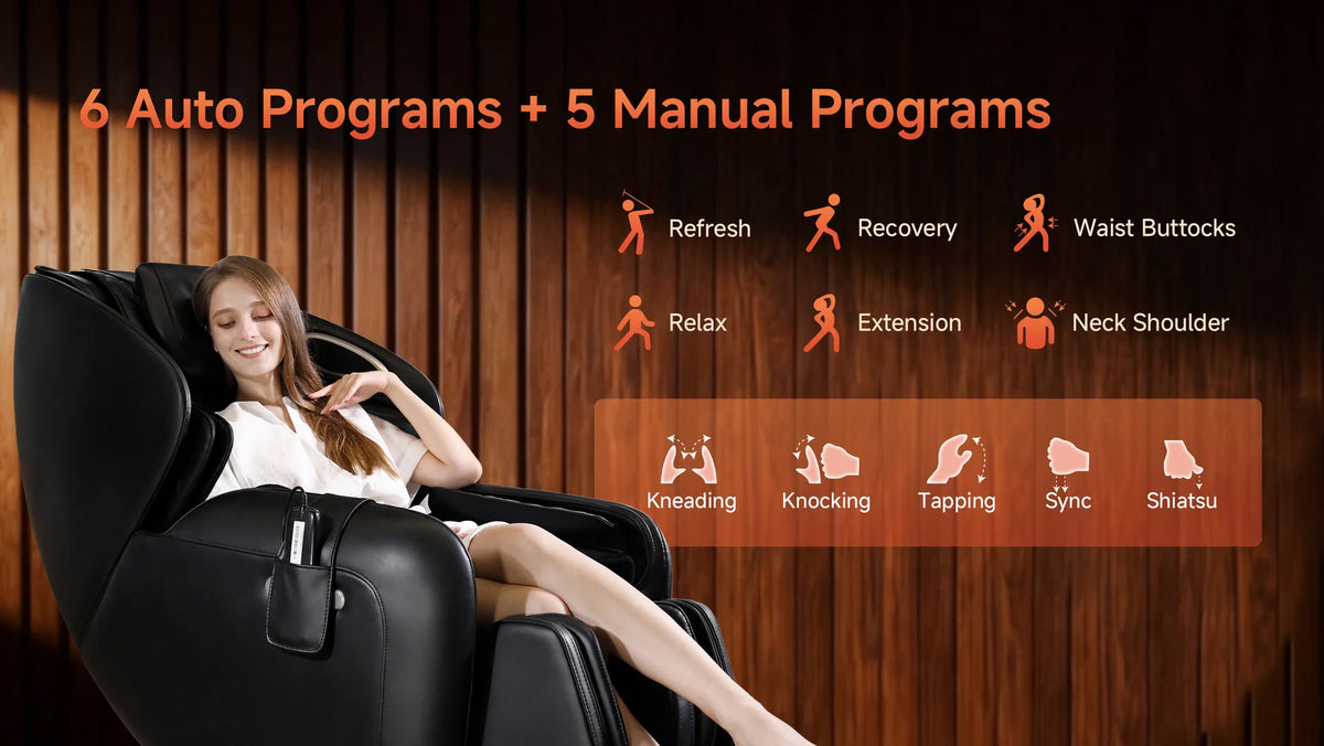 A woman reclining in a black massage chair against a dark wood-paneled background, with orange text and icons describing massage programs such as refresh, recovery, waist buttocks, relax, extension, neck shoulder, kneading, knocking, tapping, sync, and shiatsu.