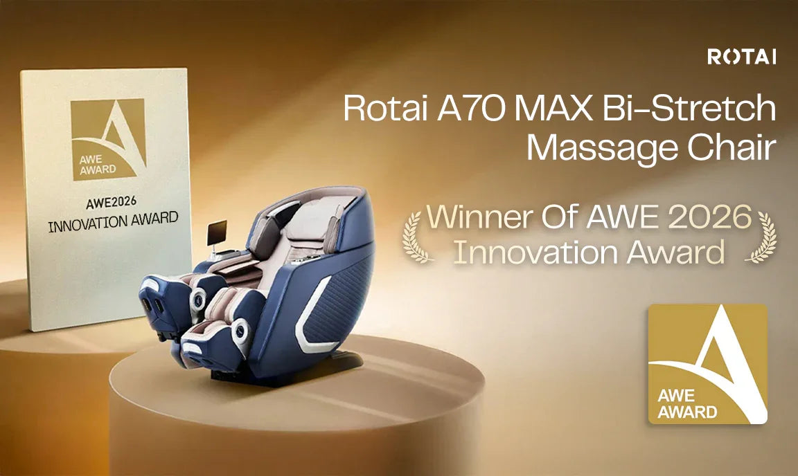 A70 MAX Bi-Stretch massage chair on a golden platform with AWE 2026 Innovation Award display