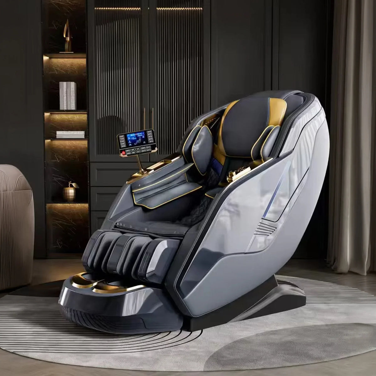 Luxury full body massage chair with gold accents and digital control panel in modern living room