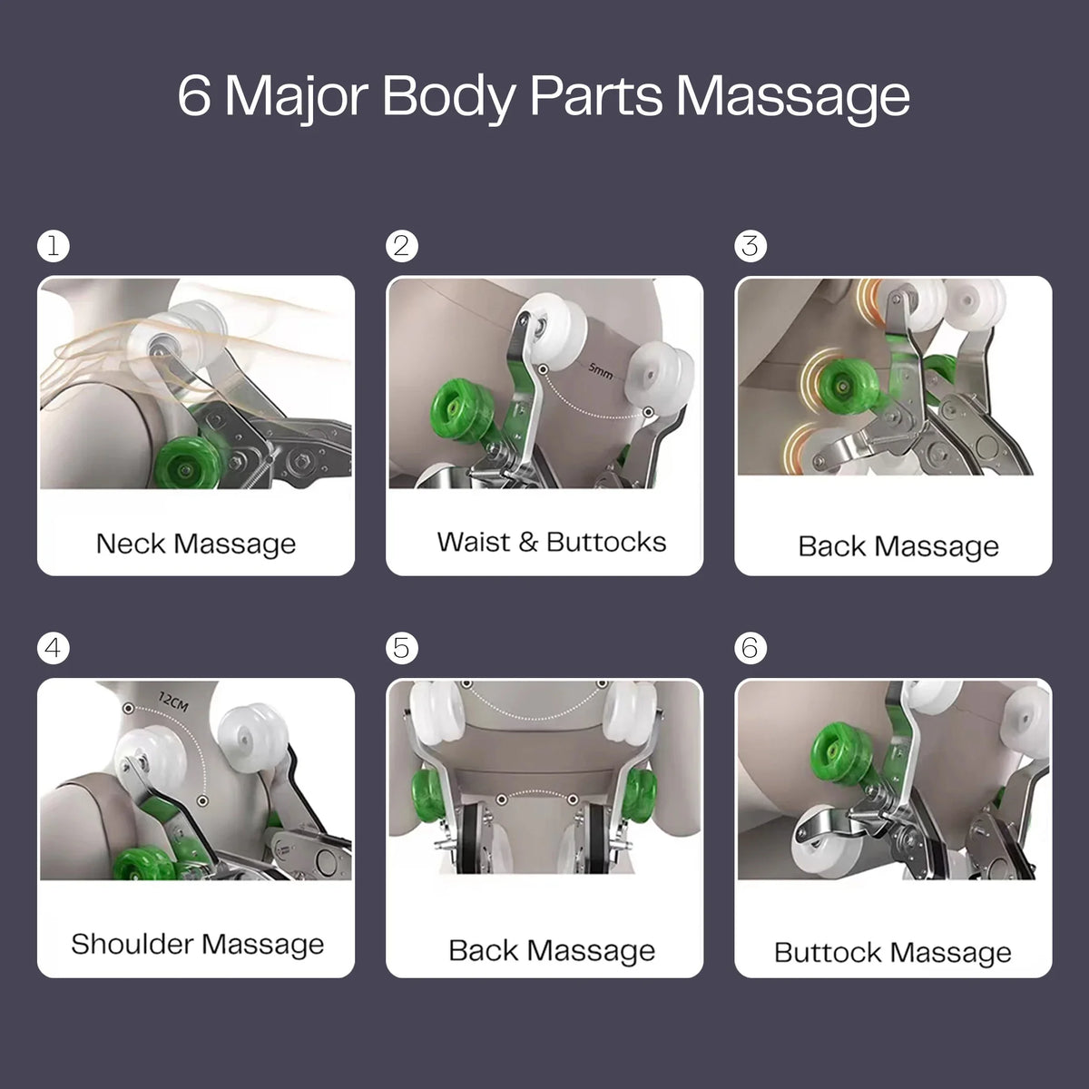 Full body massage chair targeting neck, shoulders, back, waist, and buttocks with precision rollers