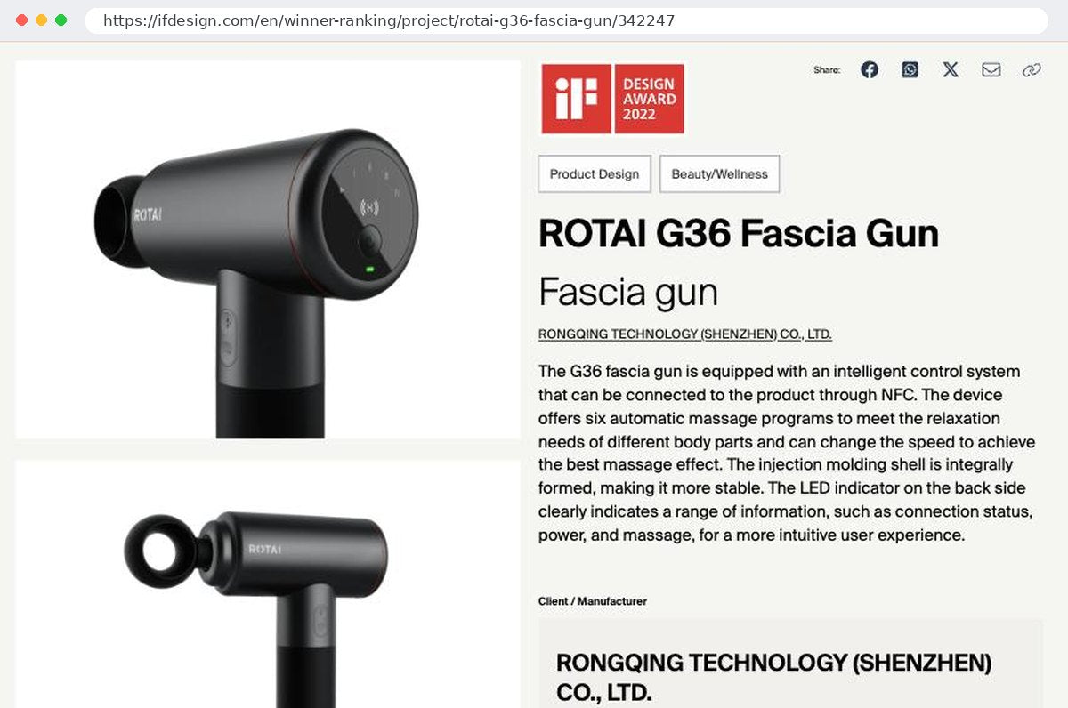 iF Design Award 2022 — official winner page for the ROTAI G36 fascia massage gun