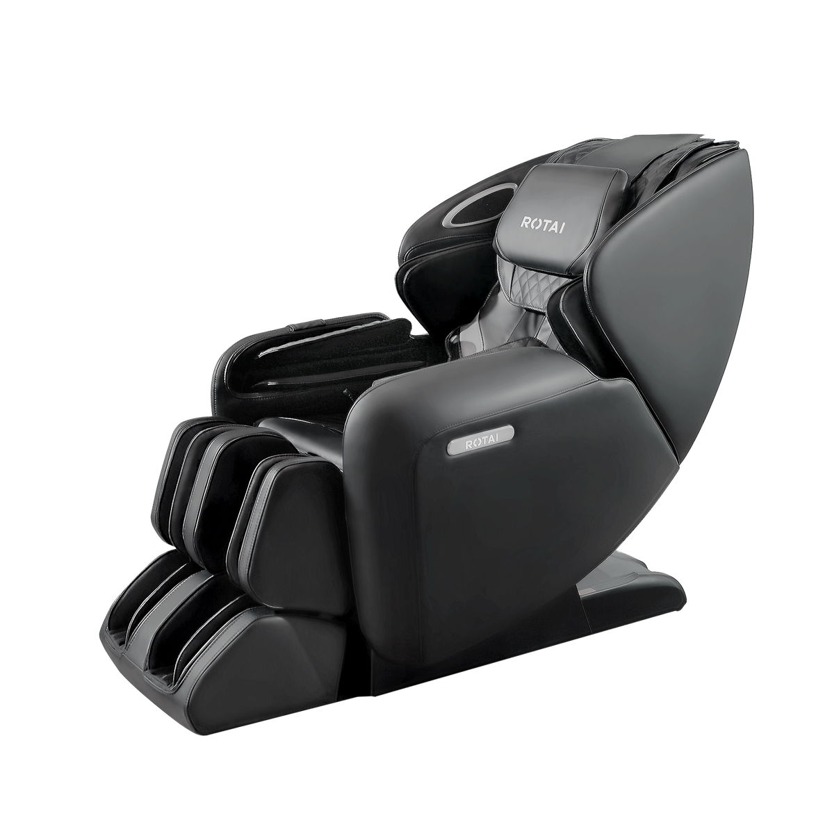 A black ROTAI automatic body massager chair shown from a three-quarters angle on a solid white background.