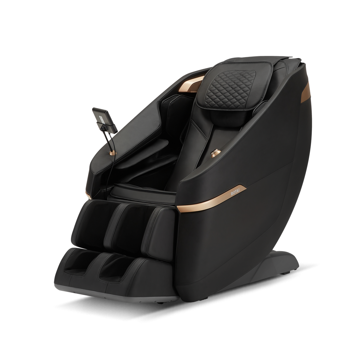 A modern black automatic massage chair with a small digital control screen on the left side, accented with metallic rose gold trim, shown on a solid white background.