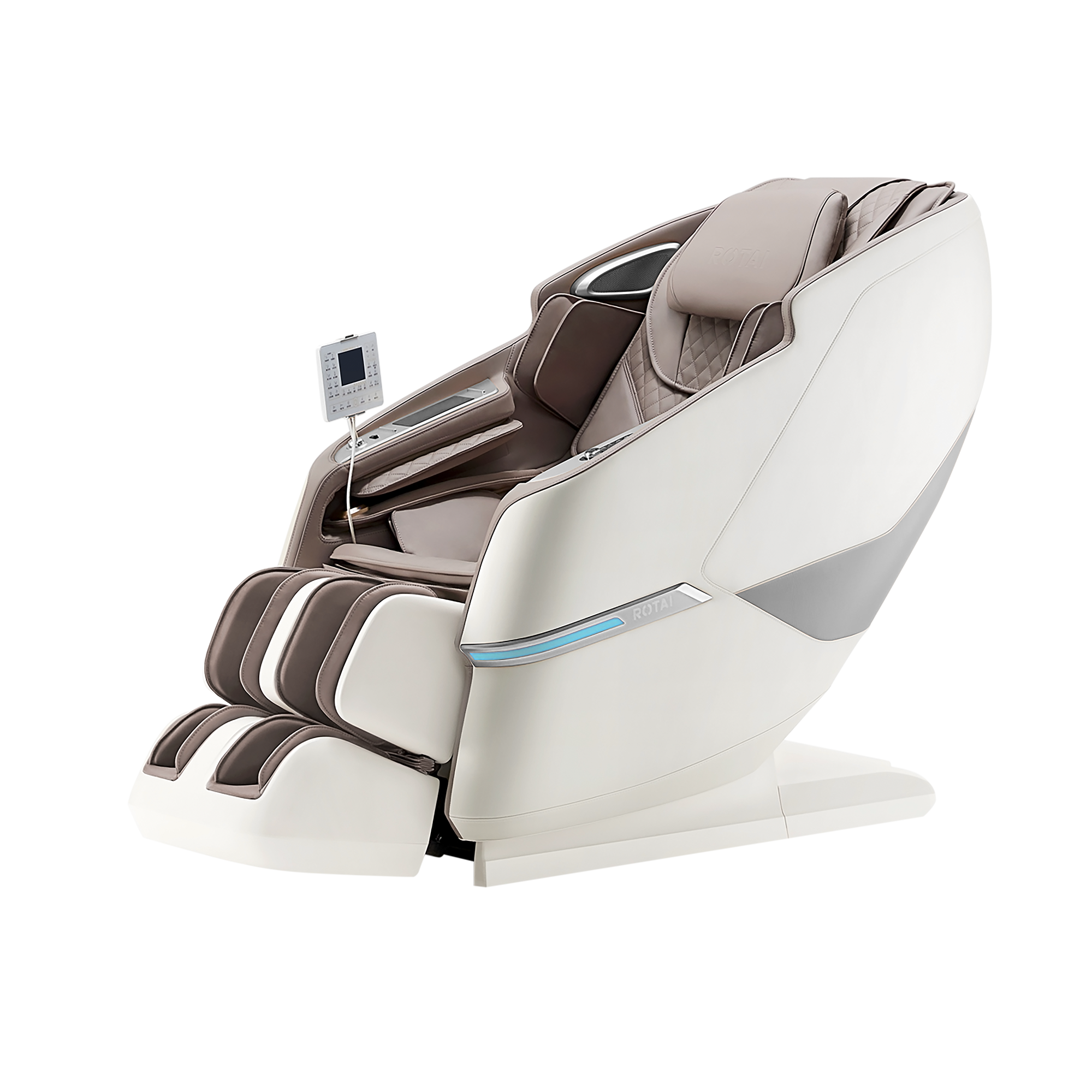A modern automatic massage chair in cream and brown with a small attached remote control, shown on a solid white background.