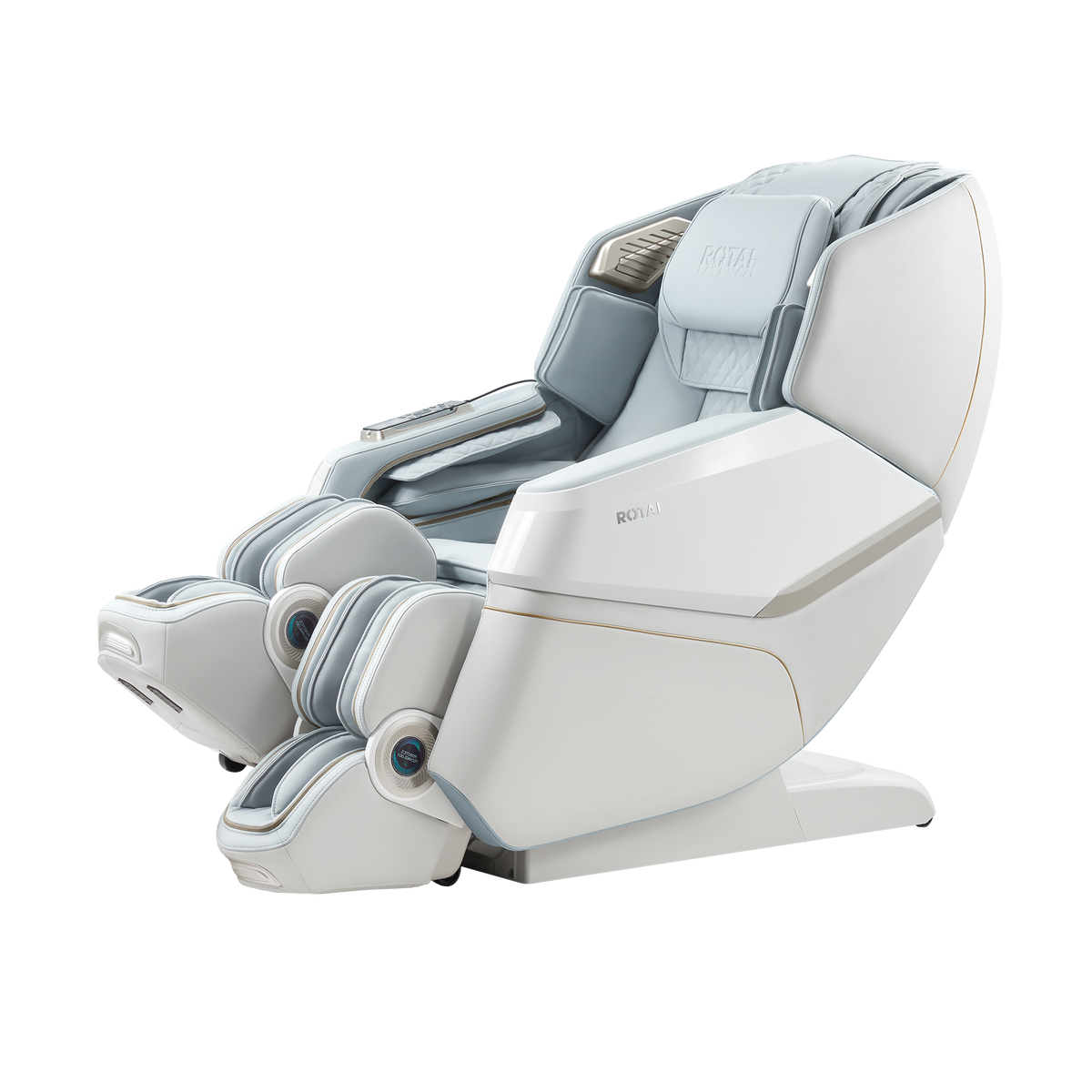 A modern BUNN massage chair in white and light gray, shown from a three-quarters angle on a solid white background.