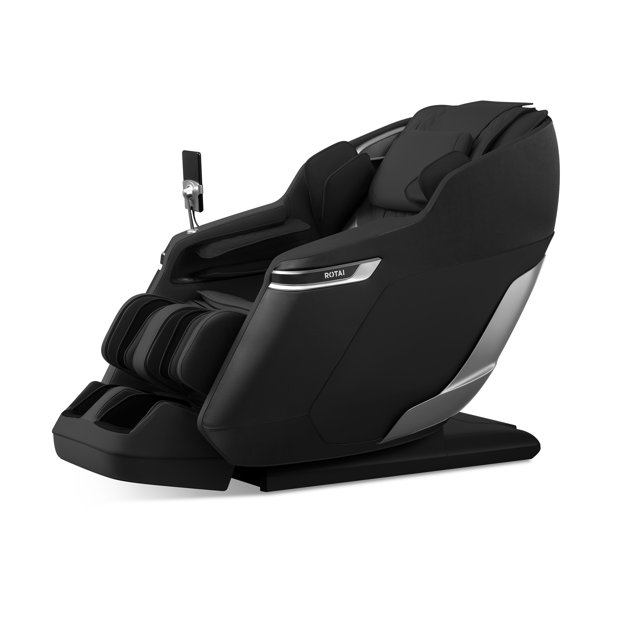 A black ROYAL massage chair with silver accents, shown from a three-quarters angle on a solid white background.