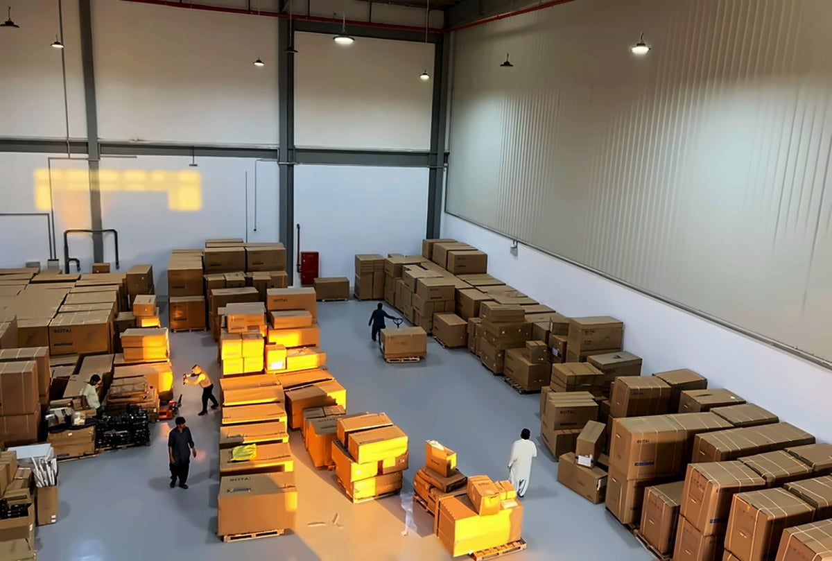Overview of the ROTAI warehouse in the UAE with massage chair stock