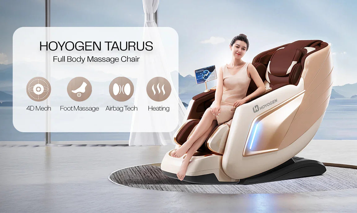 HOYOGENTaurus full body massage chair with 4D mech, foot massage, airbag tech, and heating features