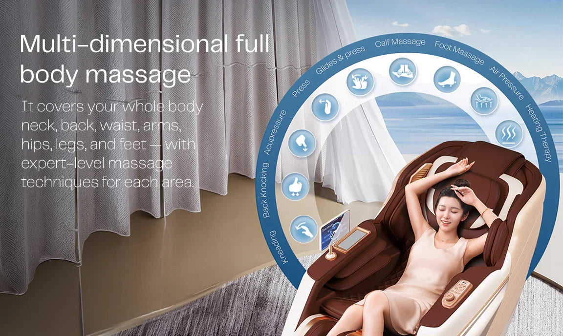 Luxury full body massage chair with multi-dimensional techniques for neck, back, and feet relaxation