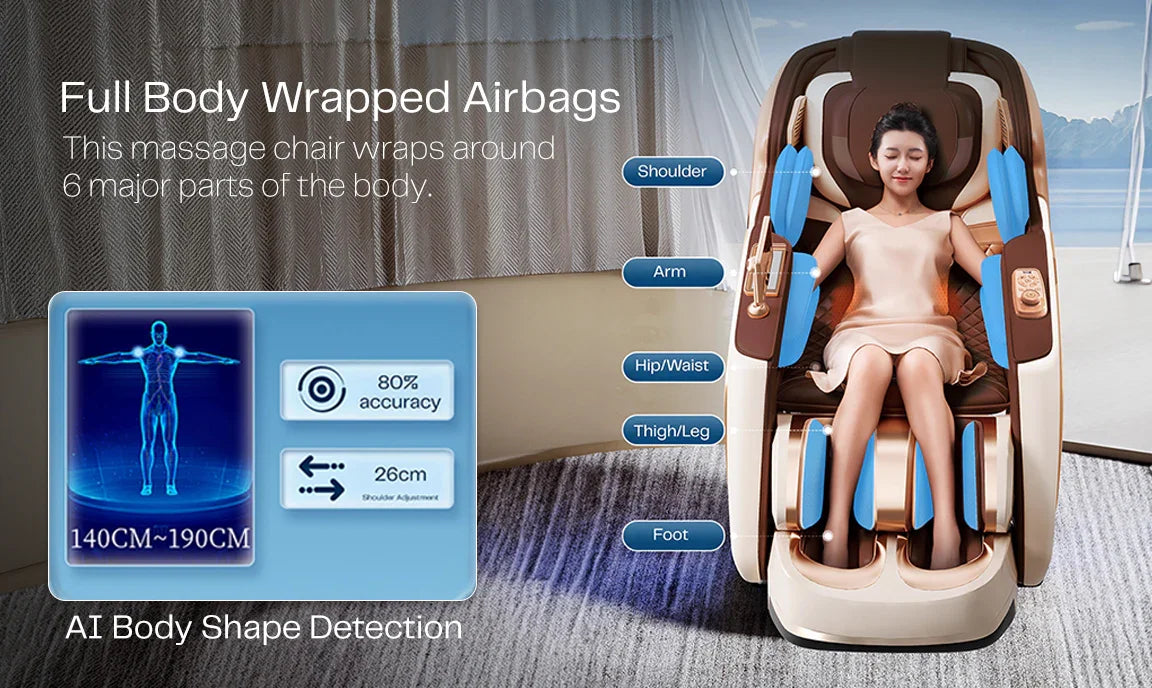 Full body massage chair with AI body shape detection and airbag coverage for shoulders, arms, hips, legs, and feet