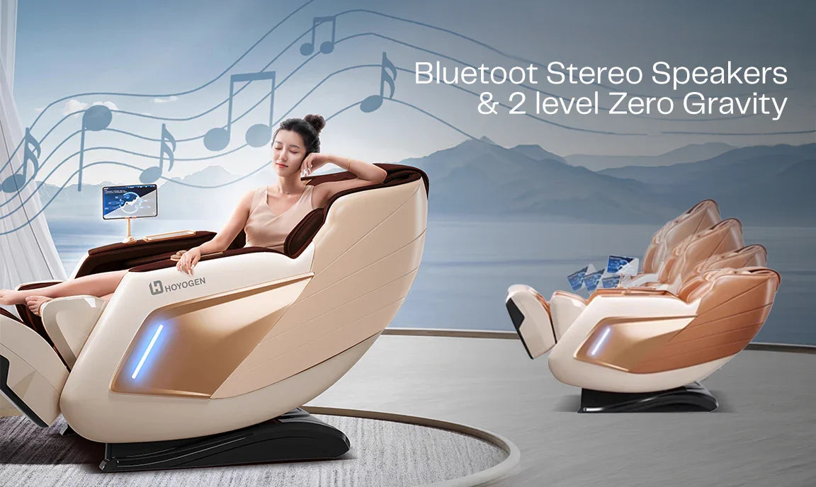 Luxury massage chair with Bluetooth speakers and zero gravity, featuring a woman relaxing in a serene setting.