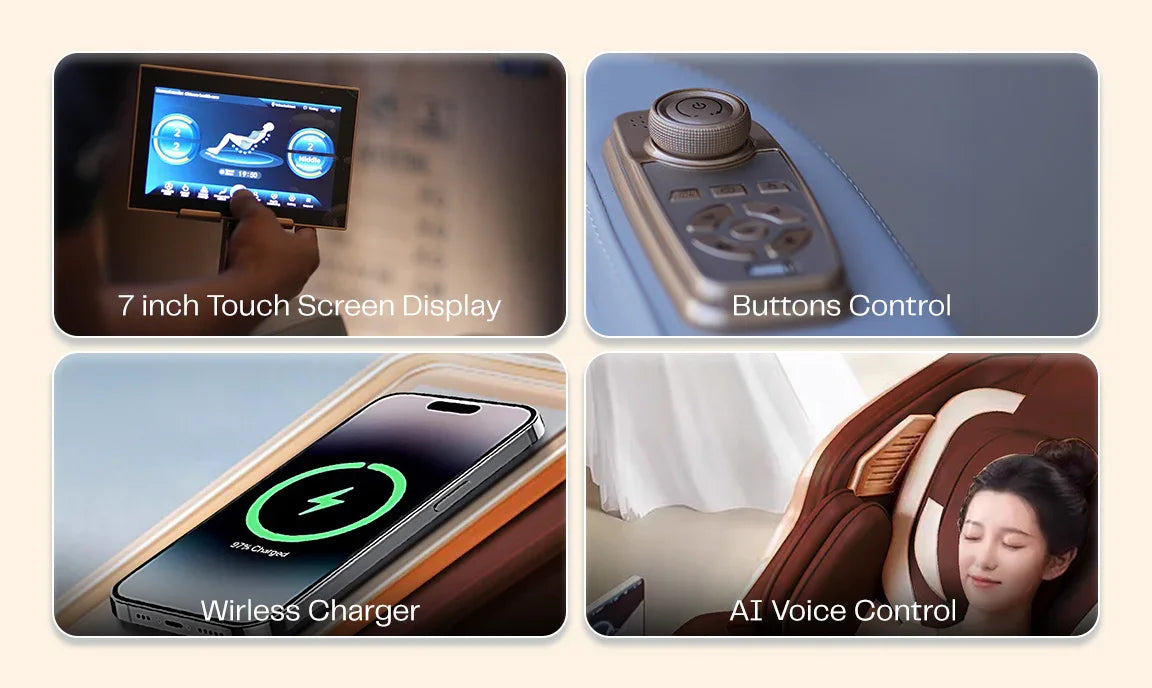 Massage chair with 7-inch touchscreen, buttons, wireless charger, and AI voice control for relaxation.