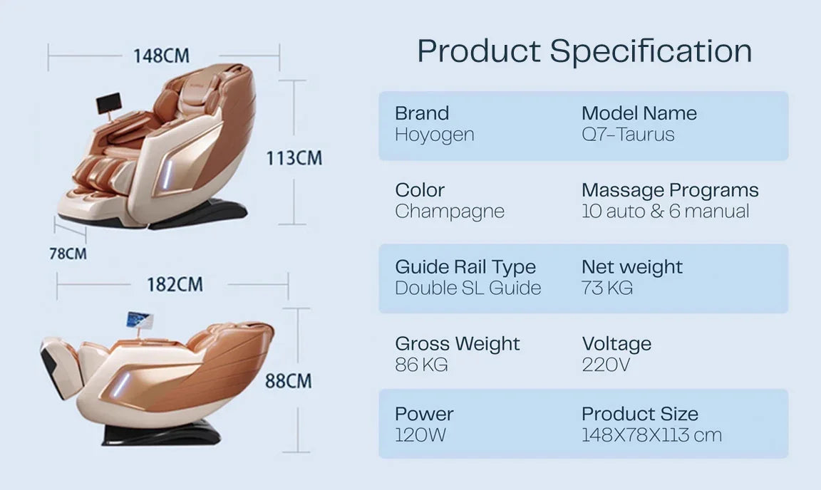 Champagne massage chair with dimensions and specs, featuring 10 auto & 6 manual programs