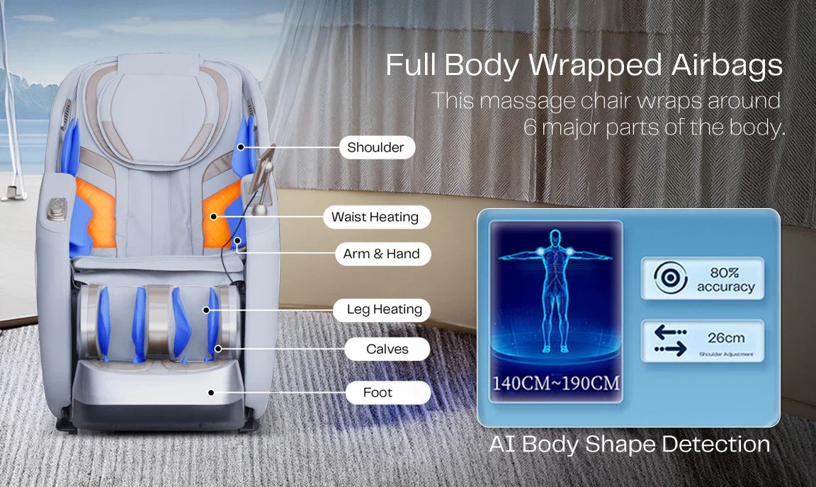 Full body massage chair with airbags and AI body detection for shoulder, waist, leg, and foot therapy