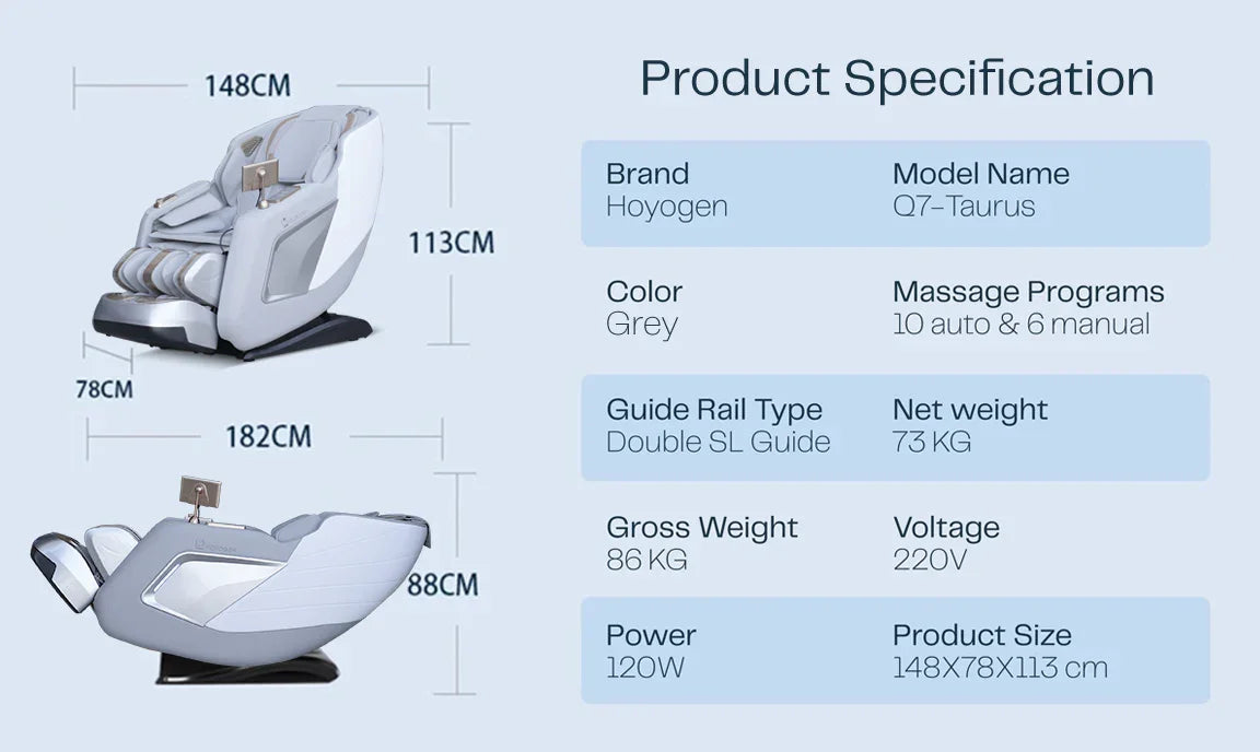 Grey HoyoGen Q7-Taurus massage chair with double SL guide rail, 10 auto & 6 manual programs, 148x78x113 cm